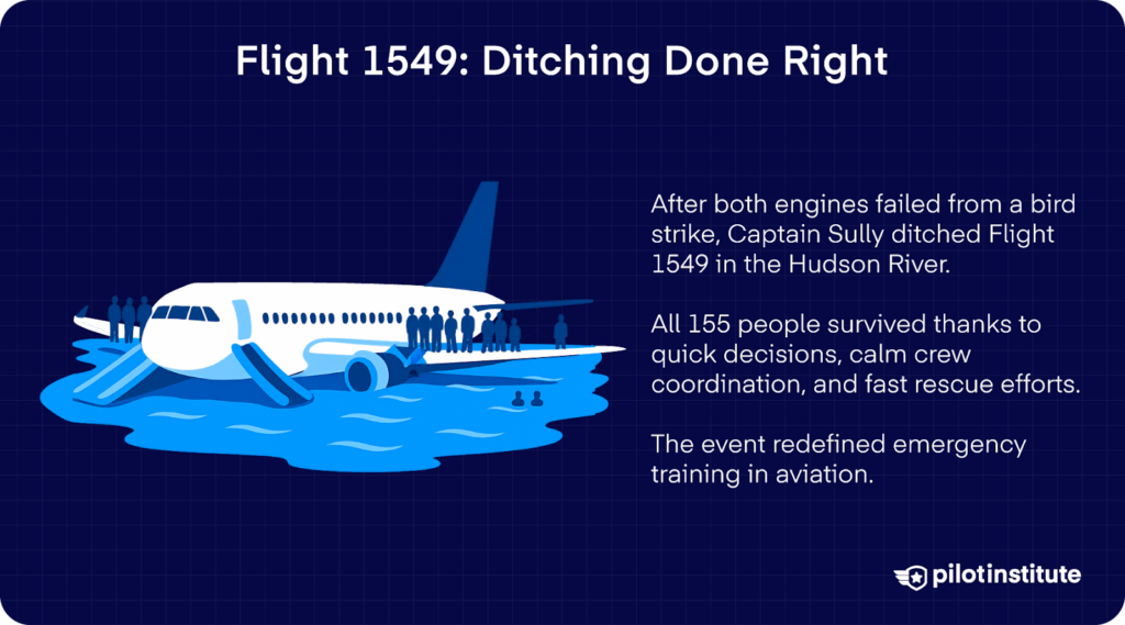 Illustration of an airliner floating on water with passengers standing on the wings and evacuation slides, representing Flight 1549’s successful Hudson River ditching, where all 155 people survived due to the crew’s quick and calm response.