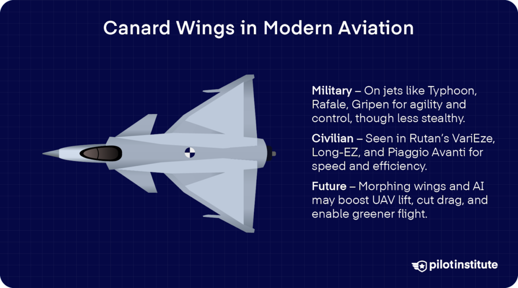 Infographic titled ‘Canard Wings in Modern Aviation’ with a vector fighter showing canards and bullets on military, civilian, and future (morphing/AI) uses.