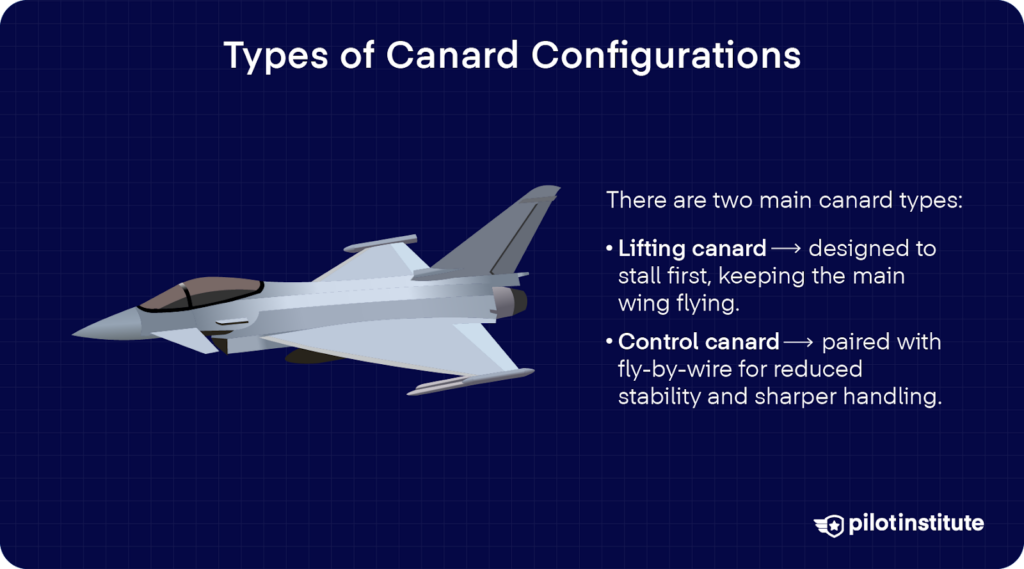 Vector illustration of a fighter jet with text explaining two types of canard configurations: lifting canards, which stall first to keep the main wing flying, and control canards, paired with fly-by-wire for sharper handling.