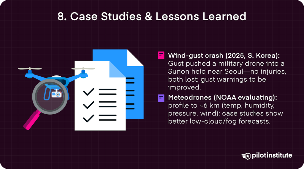 Checklist graphic with two case notes: a 2025 Korea gust-related drone-helicopter crash, and Meteodrone vertical-profile data (under NOAA evaluation) used to improve low-cloud forecasts.