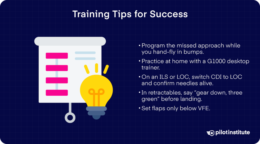 An illustration of a presentation board and light bulb next to text listing practical flight training tips, including gear checks, flap limits, and G1000 simulator practice.