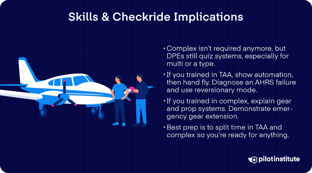 Illustration of a pilot and examiner beside a small airplane with text explaining how training in TAA and complex aircraft affects commercial pilot checkrides.