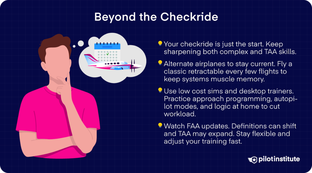 Illustration of a pilot thinking about ongoing training with an airplane and checklist bubble, alongside tips about staying proficient with complex and TAA aircraft after earning a commercial certificate.