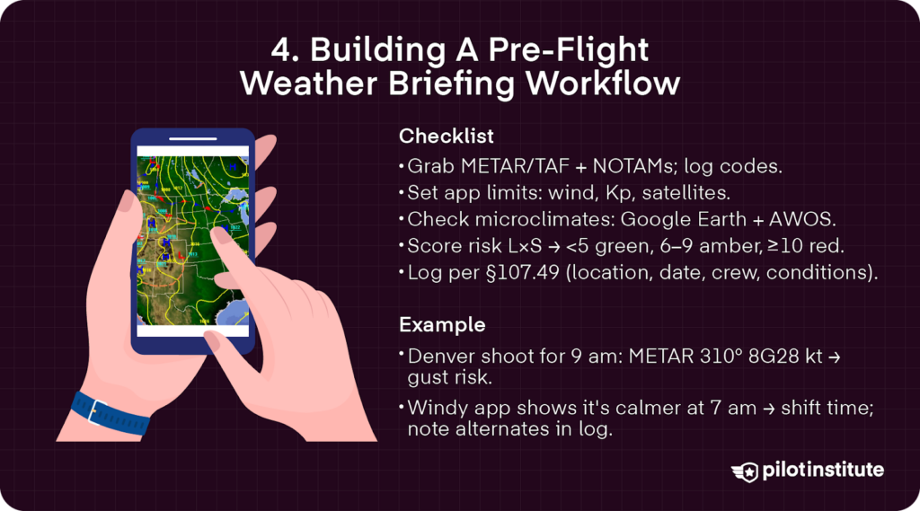 Phone with weather map beside a preflight checklist: get METAR/TAF/NOTAMs, set limits (wind/Kp/satellites), check microclimates, use a risk matrix, and document preflight; example shows shifting time to avoid gusts.