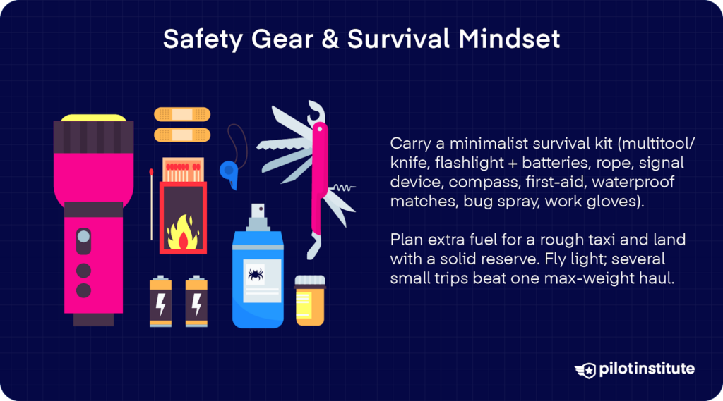 Infographic showing off-airport pilot survival essentials like a flashlight, multitool, batteries, and matches with text advising pilots to pack light, carry key gear, and plan extra fuel for safe backcountry operations.