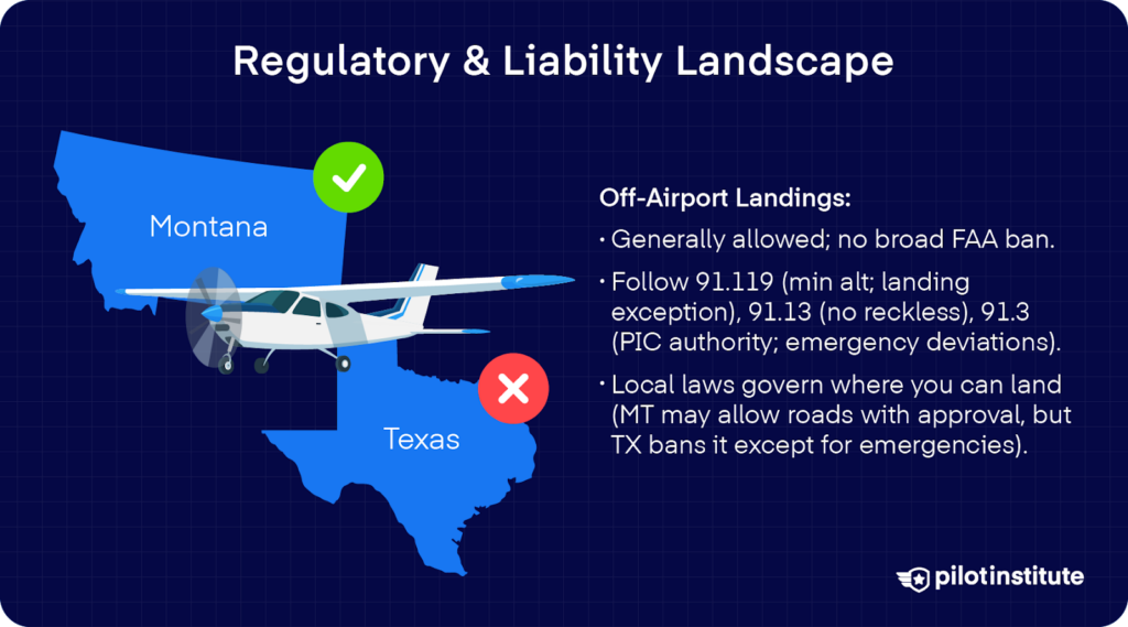 Illustration of a small airplane flying between Montana and Texas, showing that off-airport landings are allowed in Montana with approval but banned in Texas except for emergencies.
