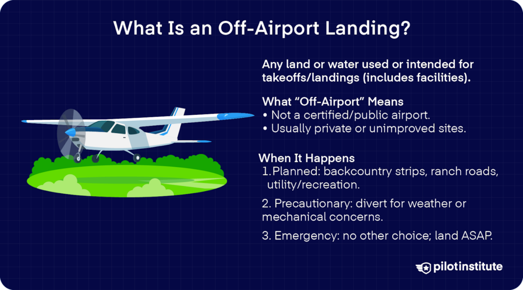 Vector of a small single-engine airplane flying low over grass with text explaining off-airport landings—planned, precautionary, or emergency landings outside certified airports.