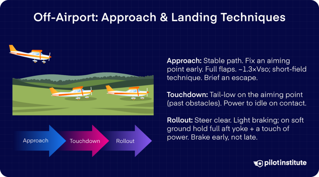 Infographic showing off-airport approach and landing steps: establish a stable approach at 1.3×Vso with full flaps, land tail-low past obstacles with idle power, and perform a controlled rollout with aft yoke and light braking on soft ground.