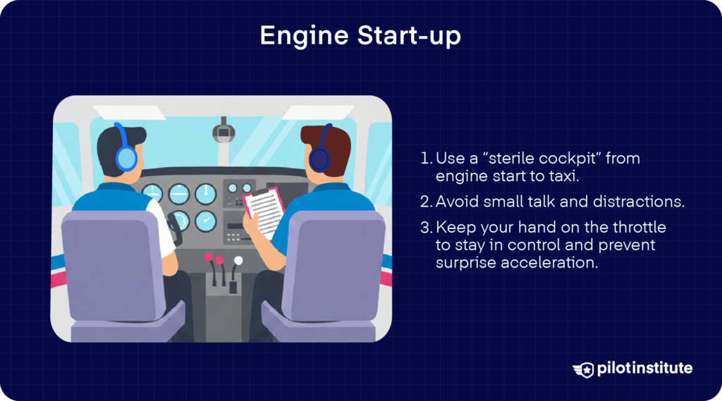 Two pilots in a cockpit performing an engine start-up with a checklist displayed, alongside safety reminders.