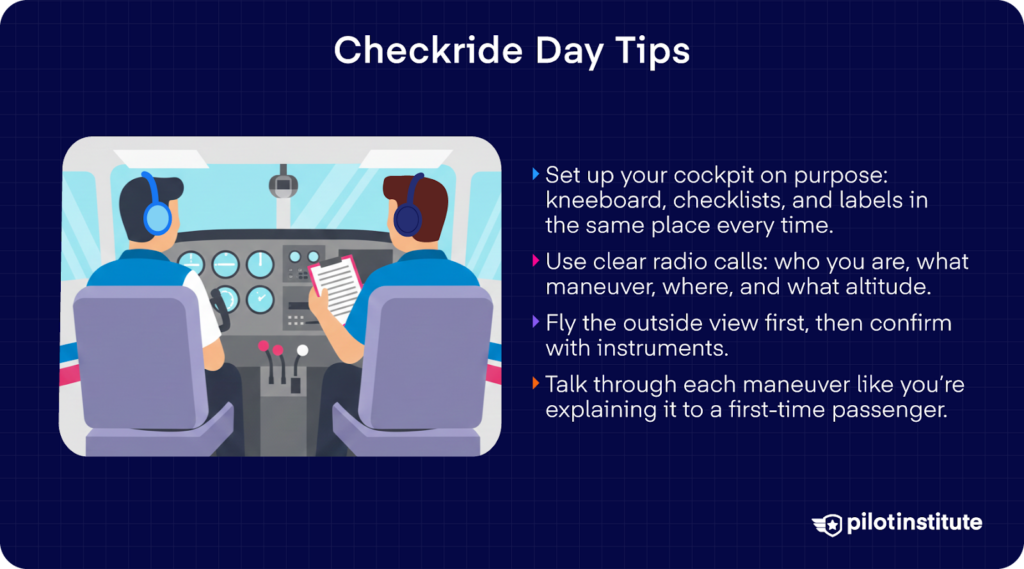 Two pilots seated in a cockpit with a list of checkride day tips including cockpit setup, clear radio calls, outside scanning, and talking through maneuvers.