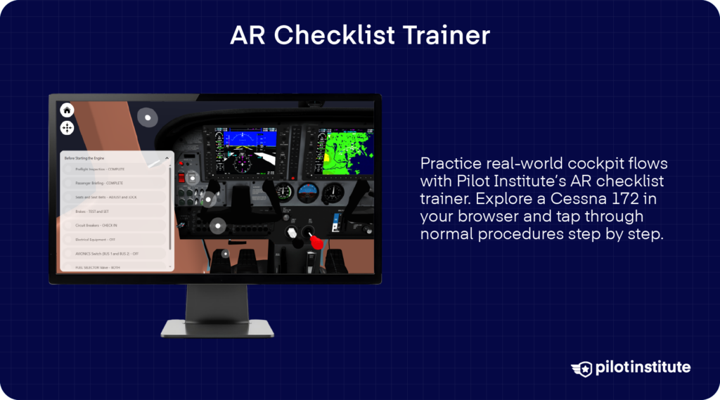 AR checklist trainer showing an interactive Cessna 172 cockpit on a computer screen for step-by-step flight procedures.