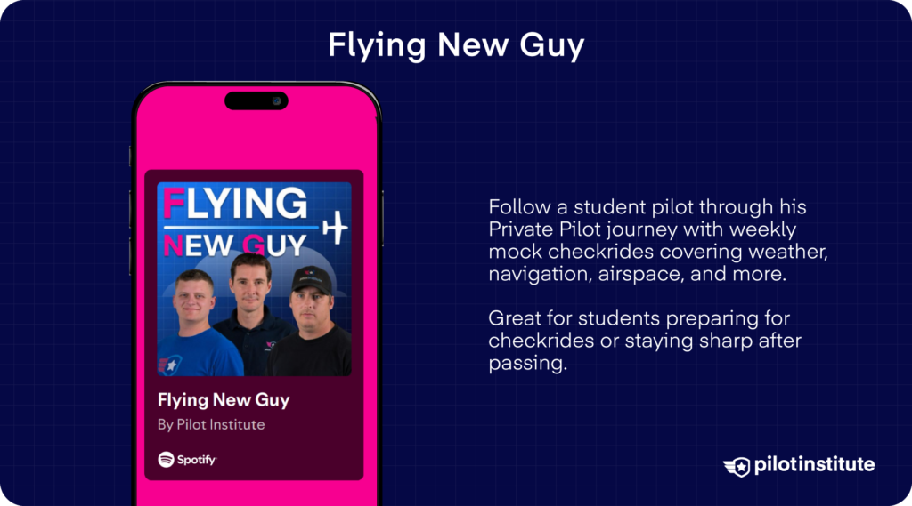Student pilot podcast infographic showing weekly mock checkrides and private pilot training topics.