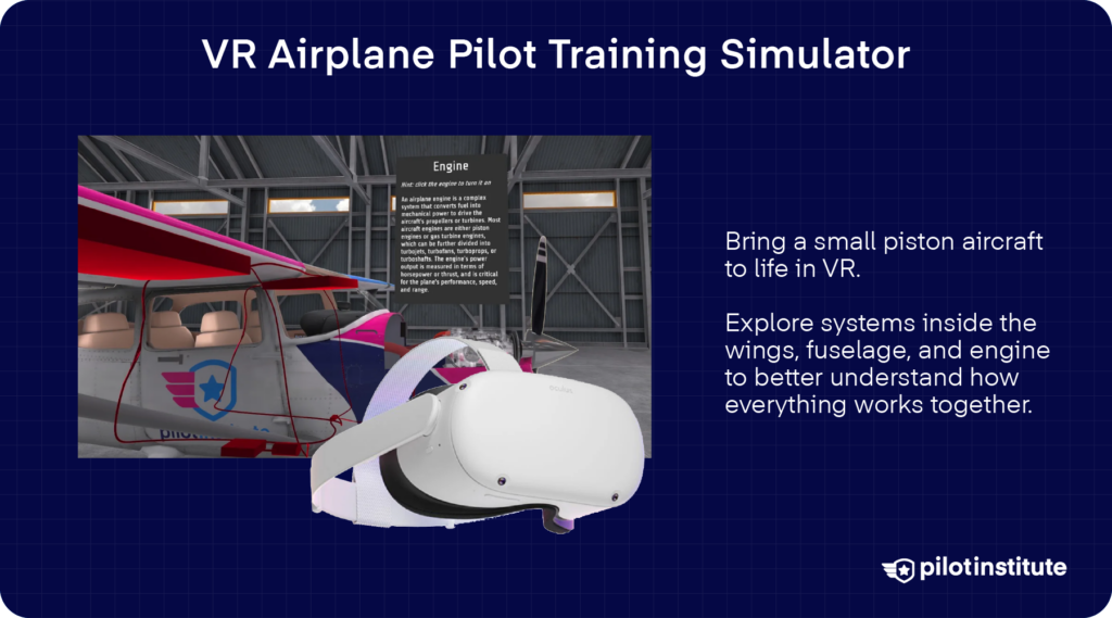 VR pilot training simulator showing a small piston aircraft with a VR headset for immersive systems training.