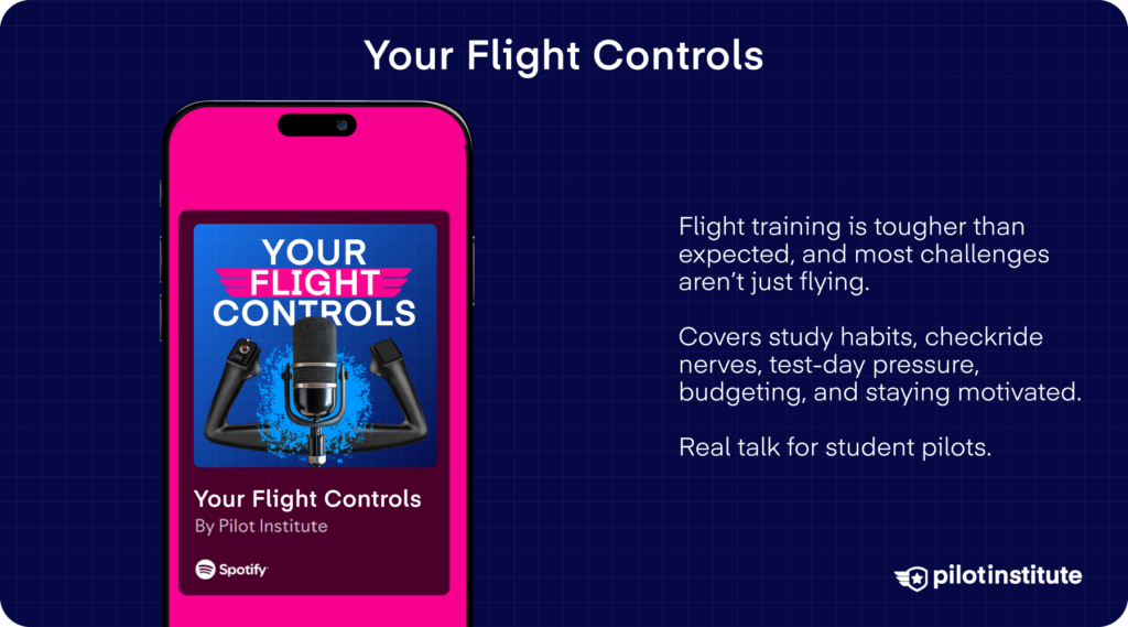 Student pilot podcast graphic covering flight training challenges, study habits, and checkride prep.