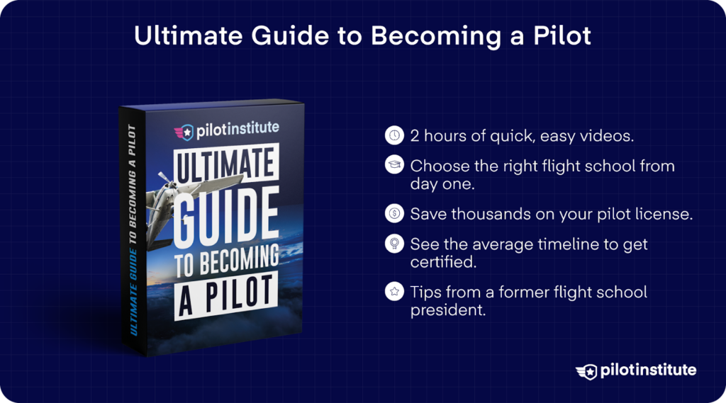Graphic showing a “Ultimate Guide to Becoming a Pilot” book cover, with text highlighting about 2 hours of videos, guidance on choosing flight school, cost-saving tips, certification timelines, and expert advice.