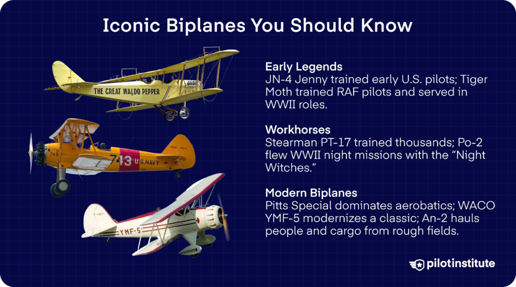 Graphic showing iconic biplanes including the JN-4 Jenny, Tiger Moth, Stearman PT-17, Polikarpov Po-2, Pitts Special, WACO YMF-5, and Antonov An-2.