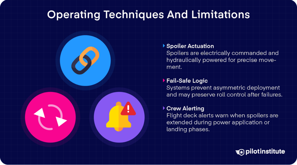 Diagram highlighting spoiler actuation, fail-safe logic, and crew alerting systems.