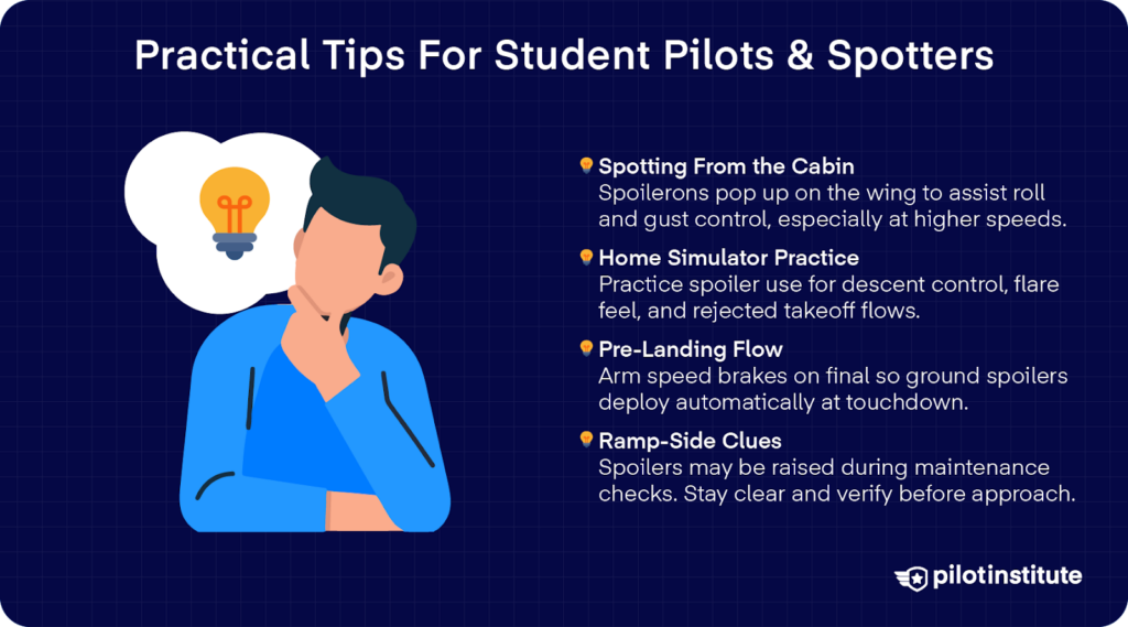 Training graphic showing practical spoiler use during flight and on the ramp.
