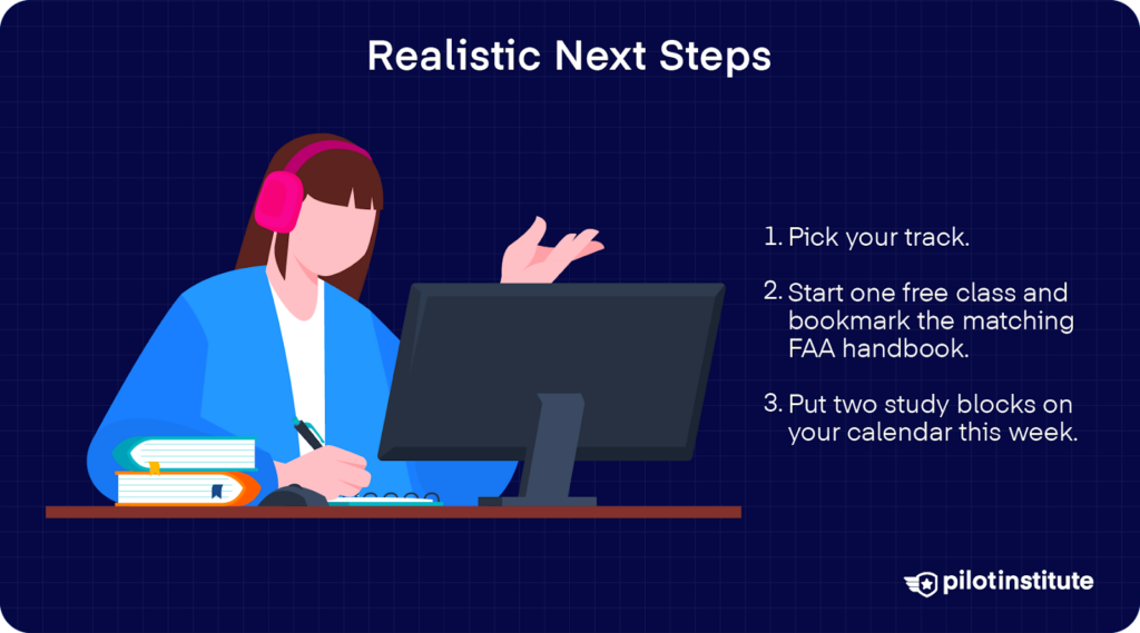 Illustration titled “Realistic Next Steps” showing a student at a desk with a computer, listing three steps to start aviation study: choose a track, begin a free class with an FAA handbook, and schedule study time.