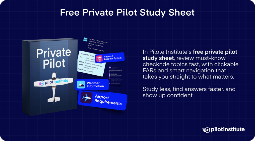 Graphic titled “Free Private Pilot Study Sheet” showing a Pilot Institute study guide with icons for weather information, airport requirements, and FAA references, highlighting a fast-review tool for private pilot checkride prep.