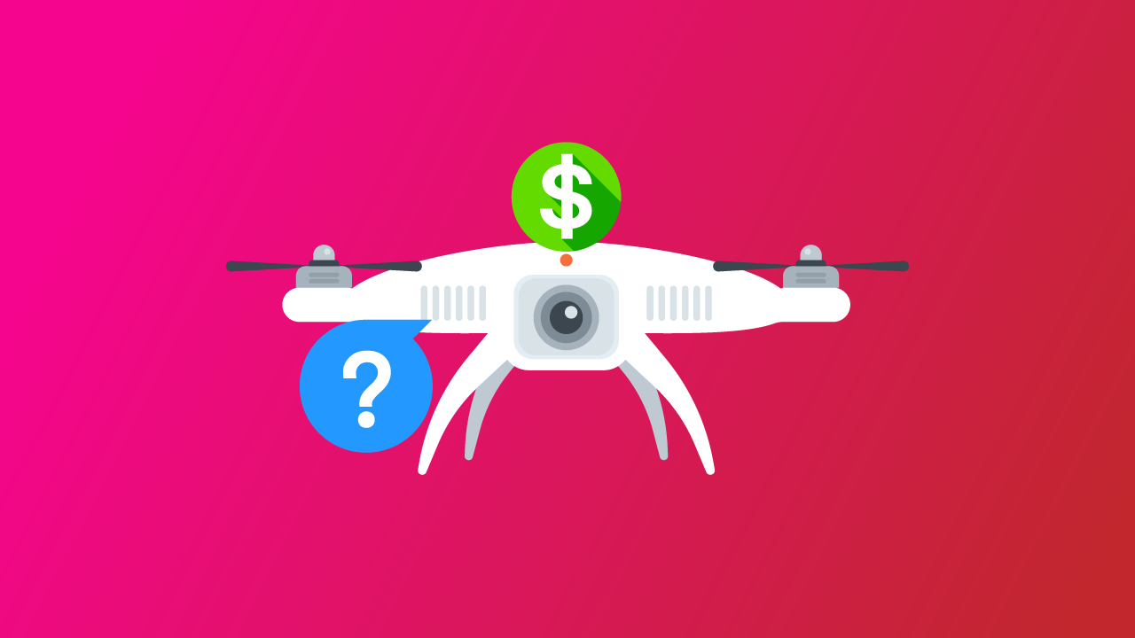 illustration of a drone with a dollar sign above it and a question mark beside it to emphasize wondering the cost