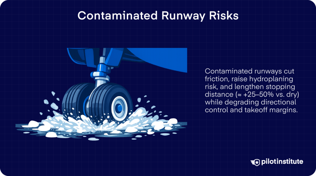 Aircraft landing gear splashing through water and slush on a contaminated runway.