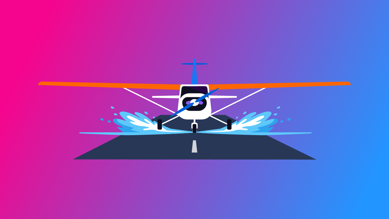 Illustration of an airplane hydroplaning on a wet runway with water spray under the tires.