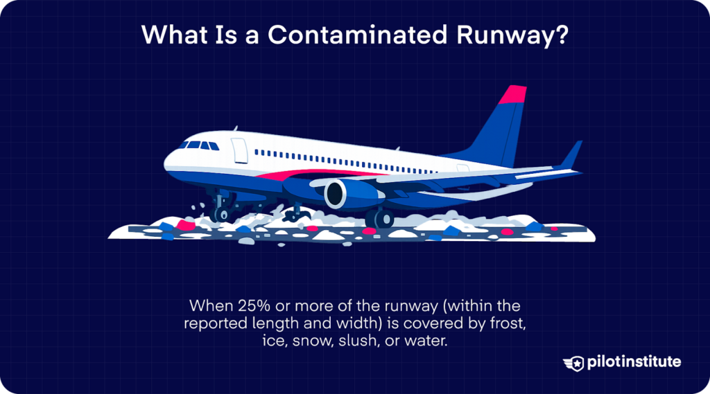 Airplane landing on a runway partially covered with snow and ice, illustrating a contaminated runway.