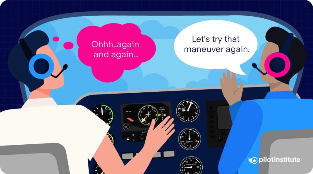 Illustration of a student and their flight instructor in the cockpit with the student frustrated at repeating maneuvers.