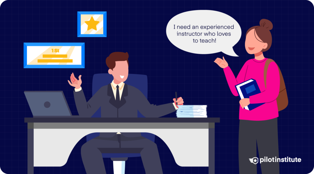 Illustration of a girl walking into a flight school office asking for an instructor who is experienced and loves teaching