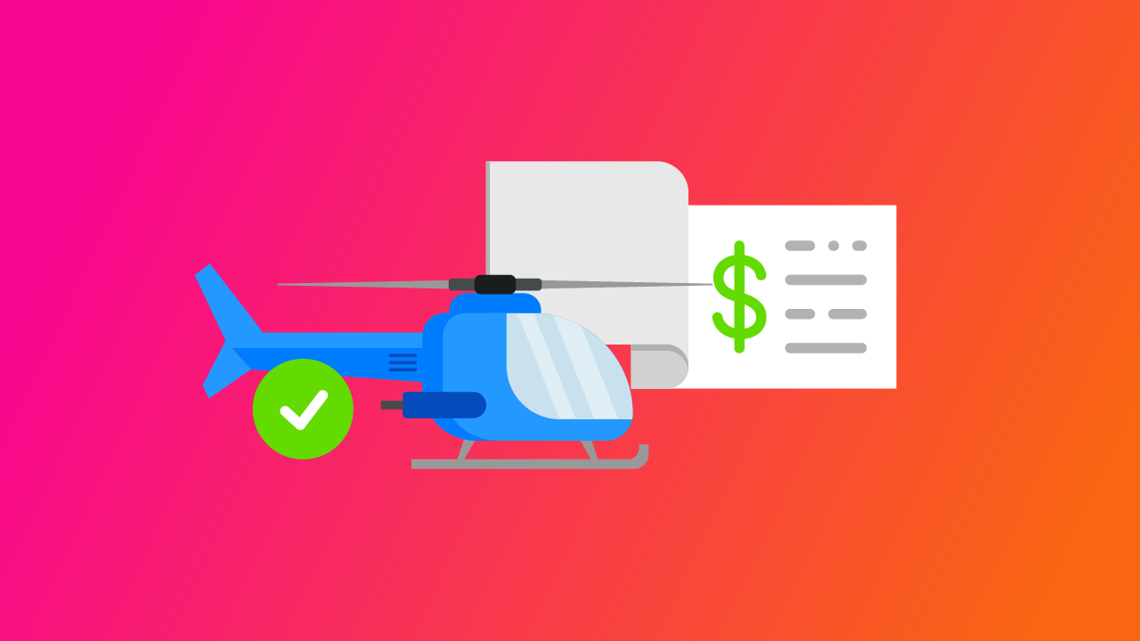 Helicopter pilot salary concept showing helicopter next to paycheck and dollar symbol representing income potential