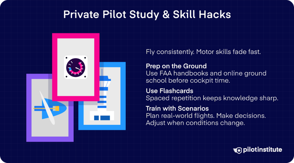 Private pilot study hacks including consistent flying, FAA handbook prep, flashcards, and scenario-based training.