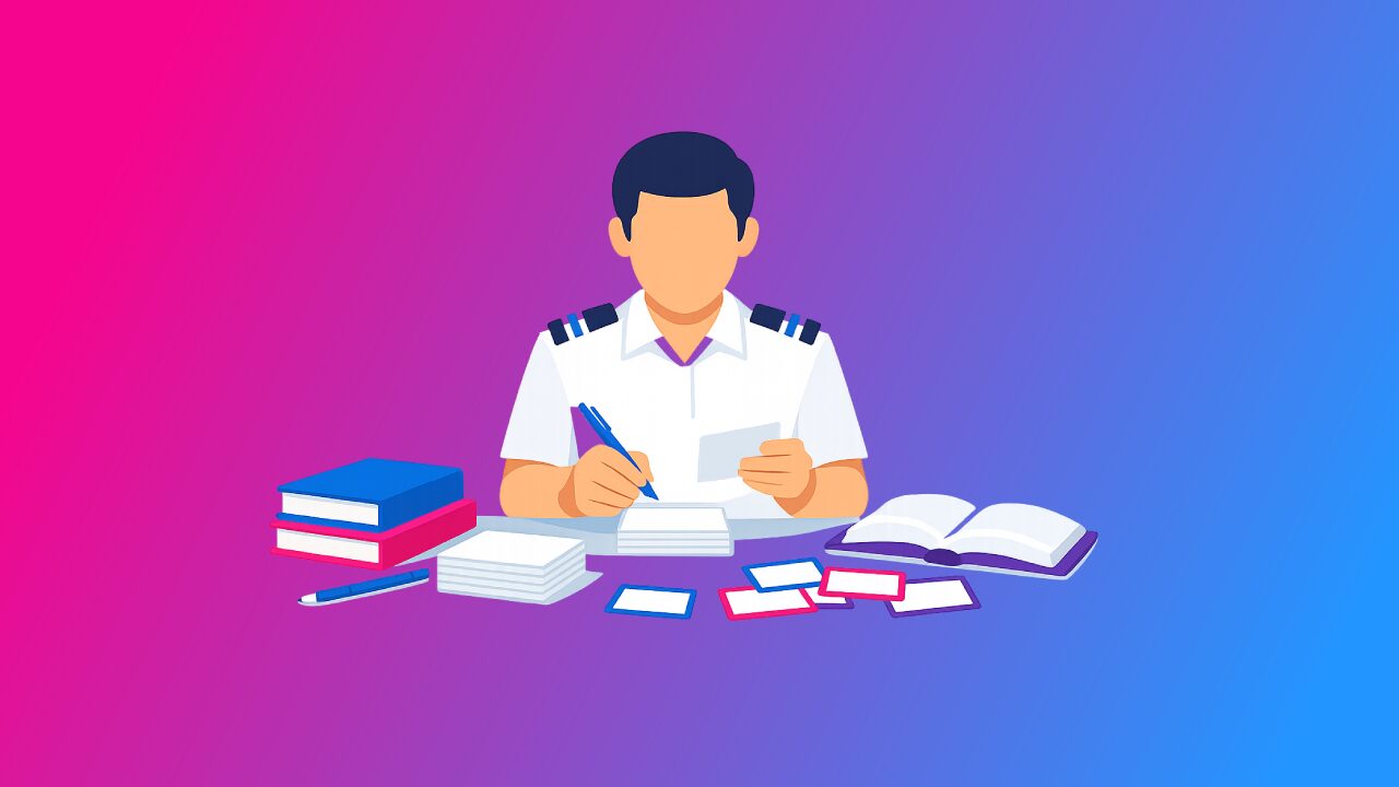 Person writing notes at a desk surrounded by book stacks, on a pink-to-blue gradient background.