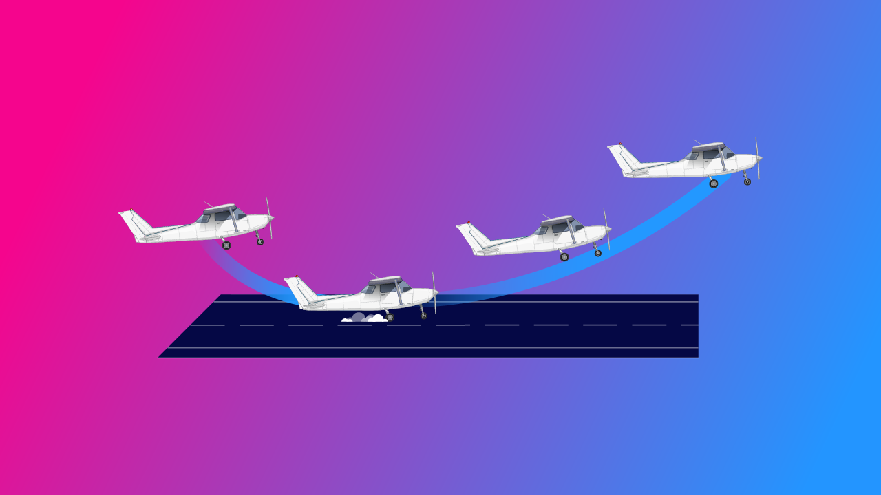 Three single-engine aircraft shown in sequence touching down and lifting off a runway against a pink-to-blue gradient background, illustrating a touch-and-go landing.