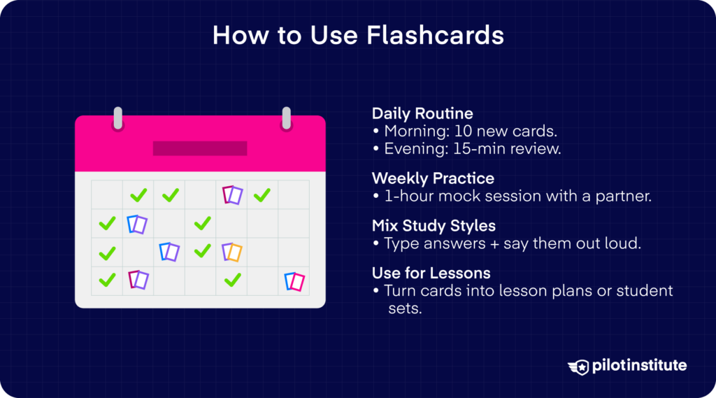 Infographic with a pink calendar and checkmarks, outlining daily and weekly study routines.