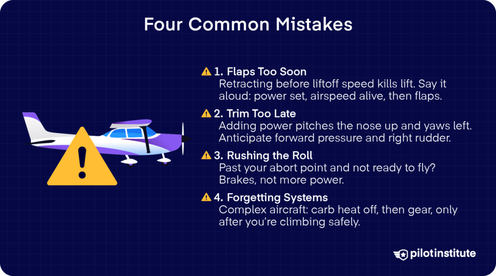 Infographic with a warning-marked aircraft illustration listing four touch-and-go errors: retracting flaps too soon, late re-trimming, rushing the roll past the abort point, and forgetting carb heat or gear in complex aircraft.