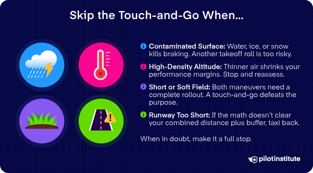 Infographic defining a touch-and-go landing, comparing it to a stop-and-go and low approach, with an illustration of a single-engine aircraft on a runway.