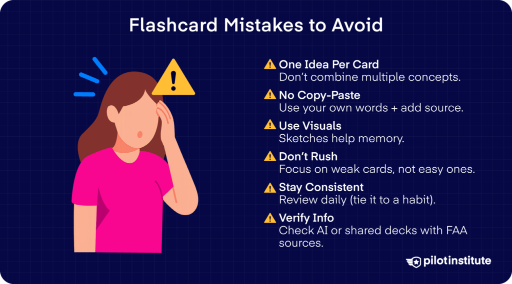 Flashcard Mistakes to Avoid:
Infographic with a concerned woman, listing six common flashcard pitfalls and fixes.
