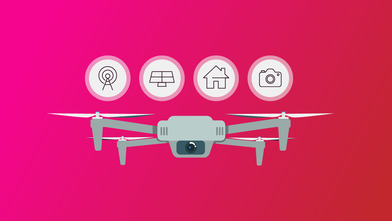 Vector illustration of a drone and various use cases as small icons above it. Gradient pink background.