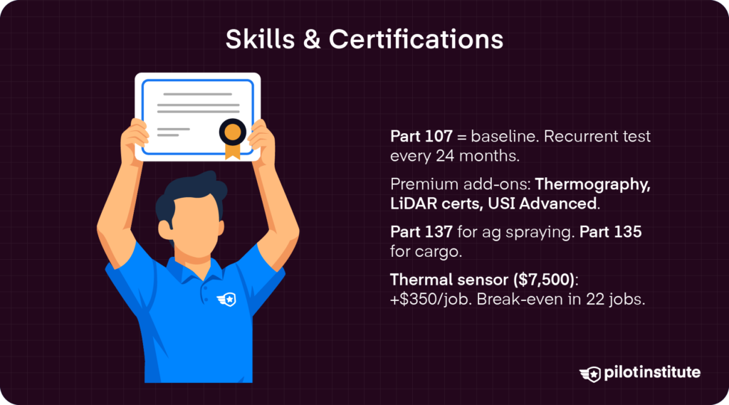Drone pilot skills and certifications infographic showing Part 107 baseline, premium add-ons, Part 137 and 135 requirements, and thermal sensor ROI — Pilot Institute