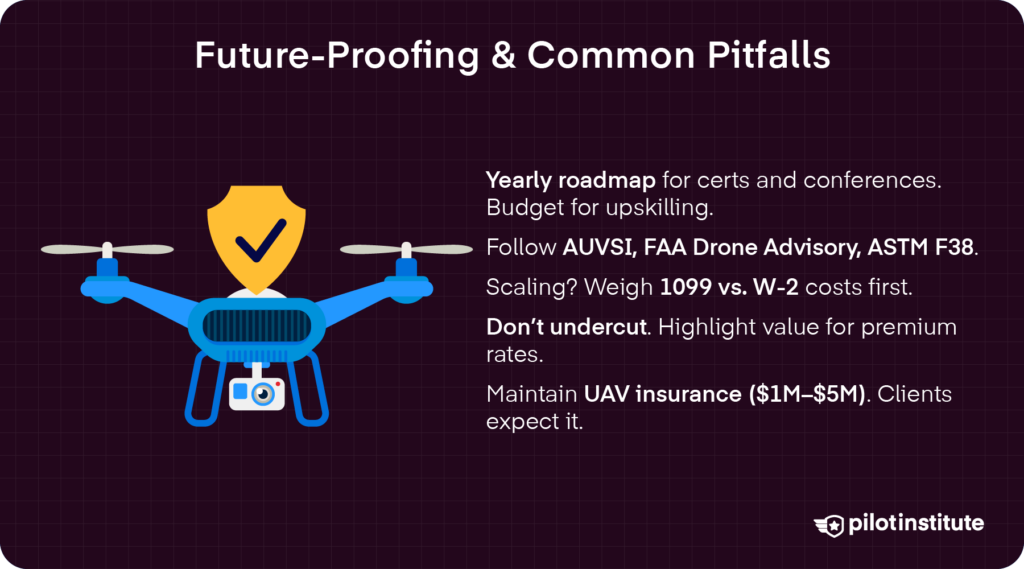 Future-proofing your drone career infographic with upskilling roadmap, industry organizations to follow, scaling tips, and common pitfalls to avoid — Pilot Institute