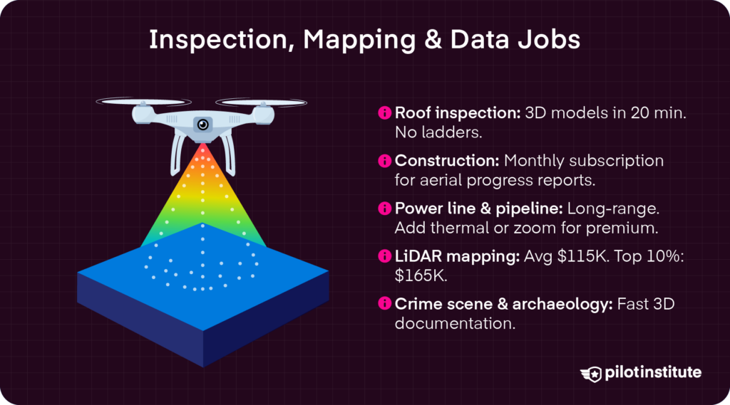 Inspection, mapping, and data drone jobs infographic listing roof inspection, construction, power line, LiDAR mapping, and crime scene documentation — Pilot Institute