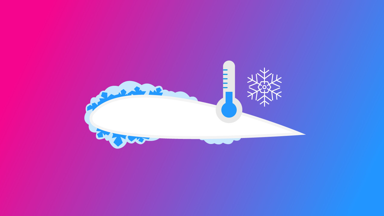 Iced-over airfoil with a thermometer and snowflake, header image for a guide comparing rime ice and clear ice.