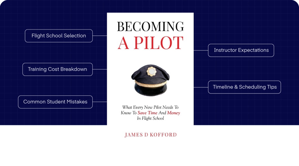 Infographic highlighting key topics from "Becoming A Pilot" by James D Kofford, including flight school selection, training cost breakdown, common student mistakes, instructor expectations, and timeline and scheduling tips.