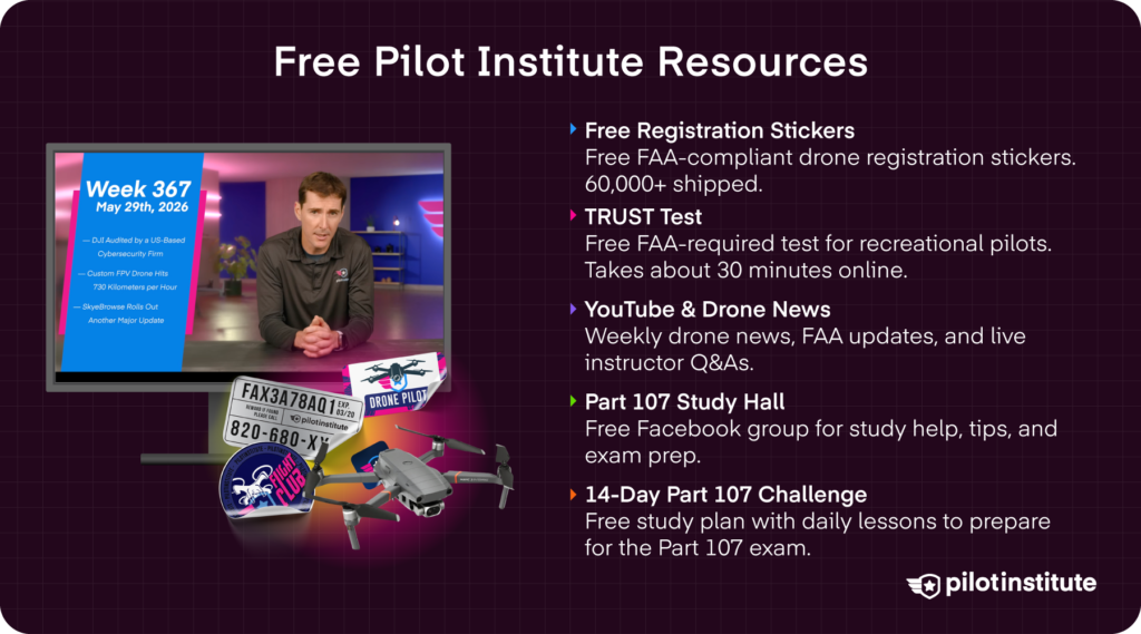 Pilot Institute drone resources including TRUST test, study tools, drone news, and registration stickers.