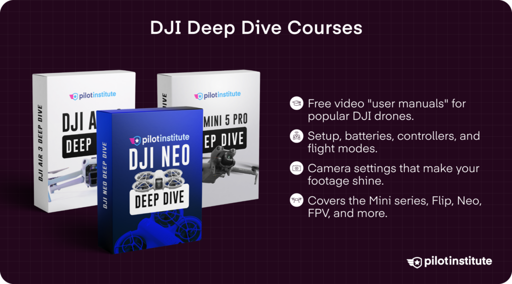 DJI drone deep dive courses covering setup, flight modes, camera settings, and popular DJI models.