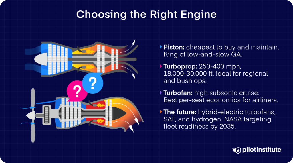 Comparison of piston, turboprop, and turbofan engines by speed, altitude, and cost, plus future hybrid-electric, SAF, and hydrogen propulsion.