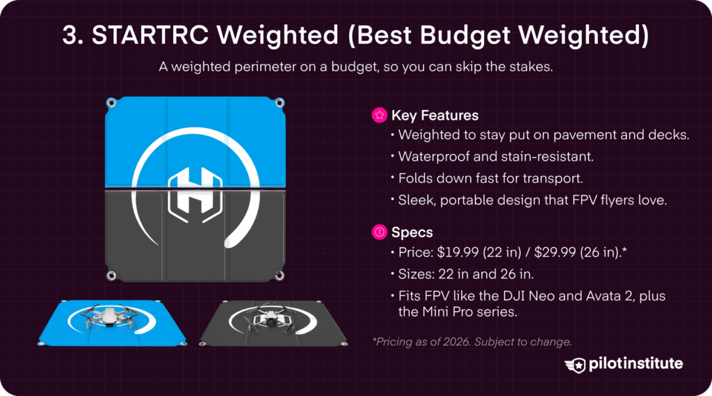 STARTRC weighted drone landing pad card, budget weighted pad in 22 and 26 inch sizes for FPV and Mini drones, Pilot Institute