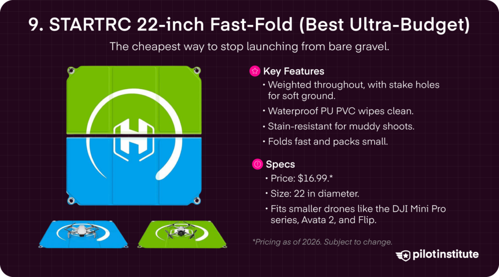 STARTRC 22-inch fast-fold drone landing pad card, ultra-budget weighted pad with stake holes for small drones, Pilot Institute