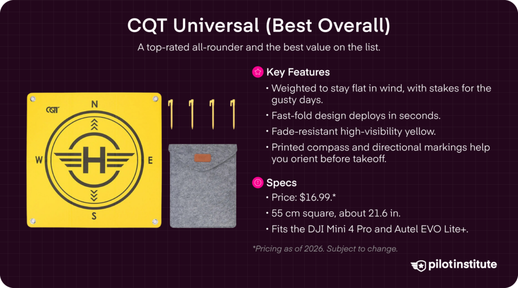 CQT Universal yellow drone landing pad with directional markings, four stakes, a storage pouch, and highlighted product features and specifications.